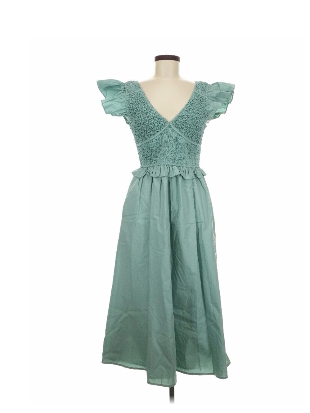 AUREUM Sage Green Smocked V-Neck Ruffle Sleeve Midi Dress